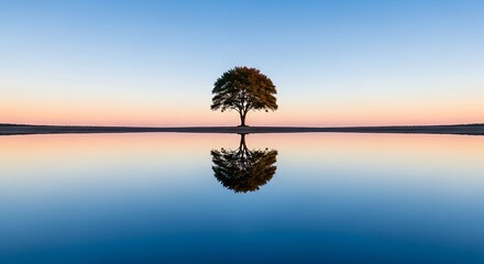Obraz premium A solitary tree stands centered on the horizon against a soft pastel sunset and calm water surface
