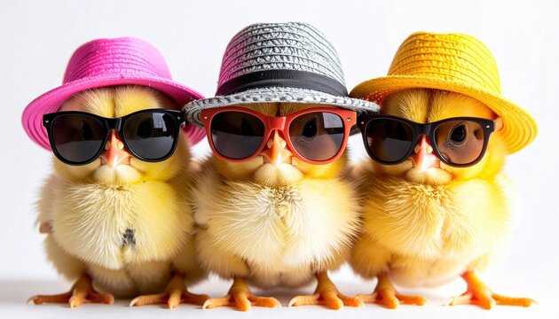 Three cute chicks in vibrant hats and sunglasses, showcasing fun and playful fashion on a white backdrop.