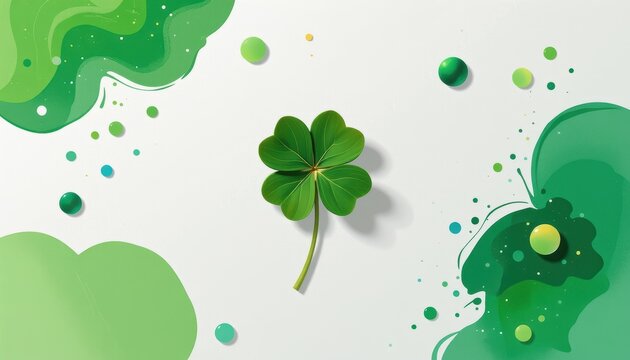 Four-leaf clover surrounded by abstract green shapes and dots on a light background.