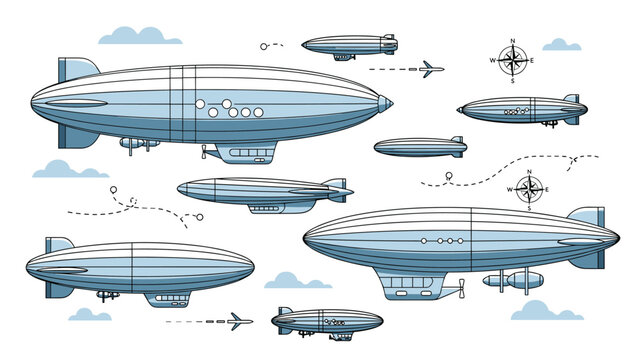 Vintage style airships and zeppelins in blue and silver colors flying through clouds with compass icons on white background.