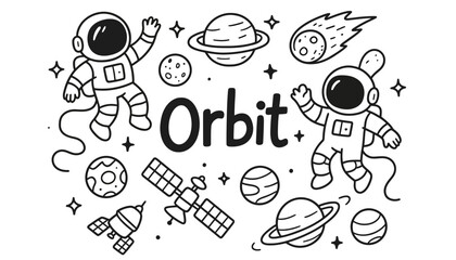Obraz premium Astronaut orbit vector illustration with planets and spaceships for kids