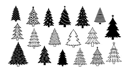 Obraz premium Decorative Christmas tree collection black and white fir tree line art symbols festive vector illustration isolated on white