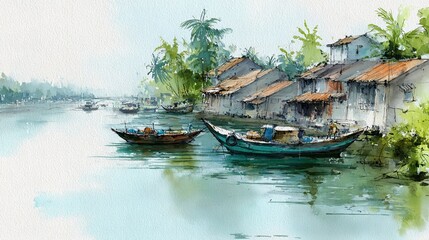 Obraz premium A peaceful riverside village scene with boats docked near traditional houses surrounded by lush greenery and calm water.