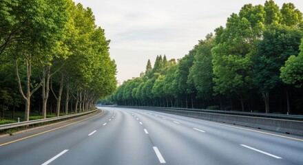 Obraz premium Vast Open Highway Lined With Lush Green Trees Under a Cloudy Sky