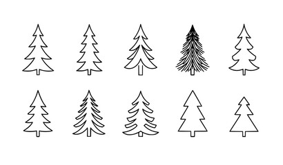 Obraz premium Monoline Christmas tree icons black and white fir tree line drawings minimal holiday vector set isolated on white