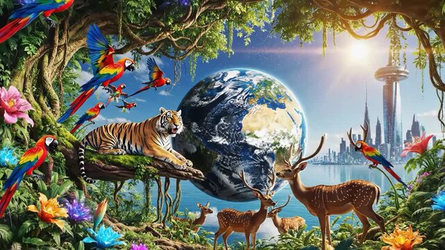 Vibrant jungle scene with animals and earth globe in background