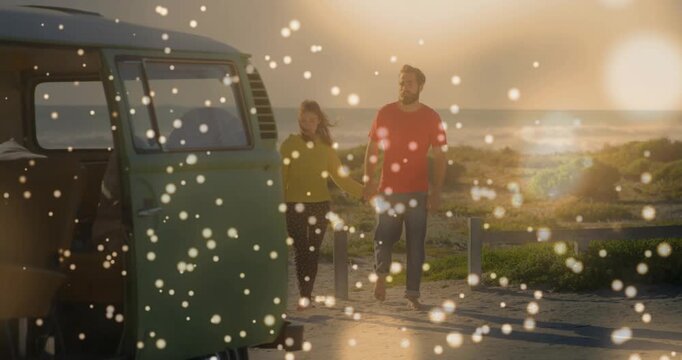 Sliding door opening drawing couple holding hands walking toward mint camper, floating bokeh travel