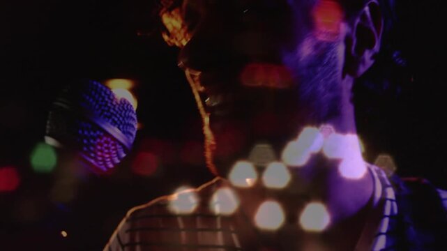 Male singer starting vocal, leaning to mic, singing for studio as rim light, bokeh overlaying face