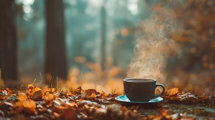 Warm cup of coffee in autumn forest scenery.
