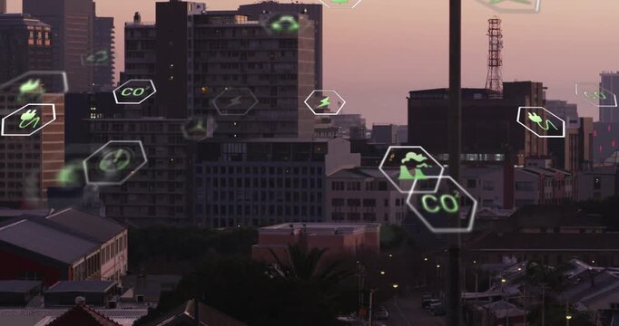 Animated environmental hex icons appearing over dusk skyline, drifting and showing city energy data