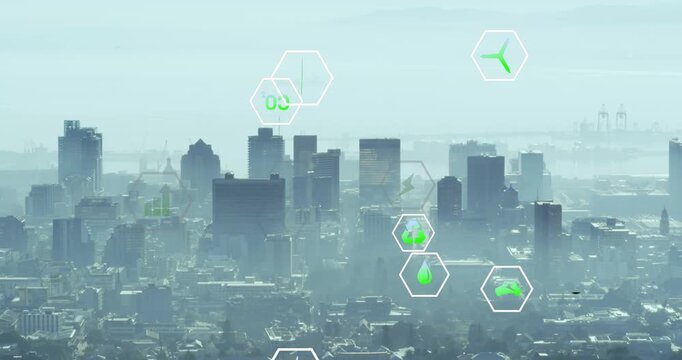Vertical video: Overlay starting few hexes fading in, visualizing eco metrics across hazy skyline