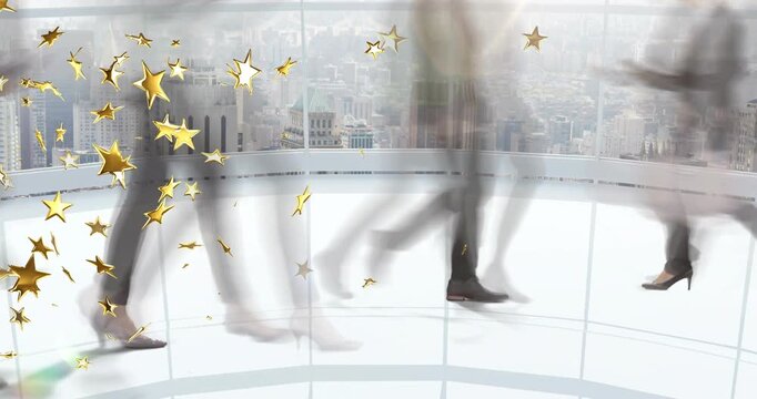 Business commuters commuting through atrium walking across floor, gold stars drifting over legs