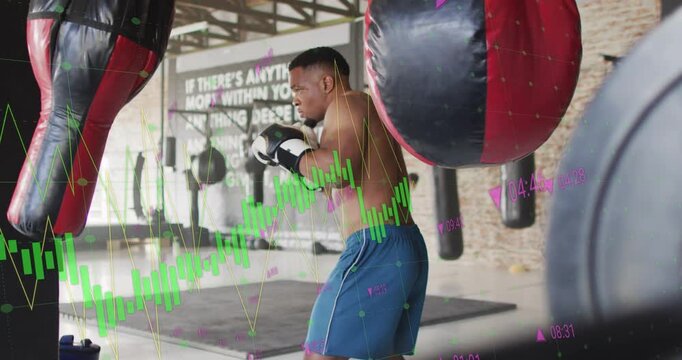 Male boxer starting punches, escalating combinations for power, green wave charts tracking fitness
