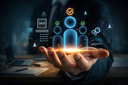 Human resource management and organizational analytics concept. Business professional with holographic icons of people, check marks, gears, and data charts symbolizing talent acquisition