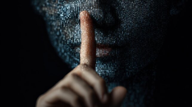 Digital face with finger to lip, whispering a secret message. ..Created with Generative AI, not depicting real subjects.