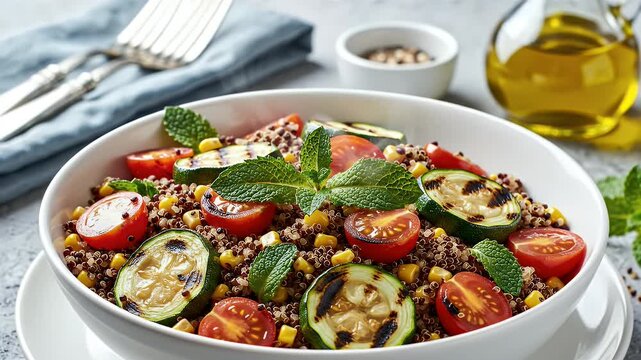 Healthy quinoa salad with grilled zucchini, tomatoes, corn, and mint