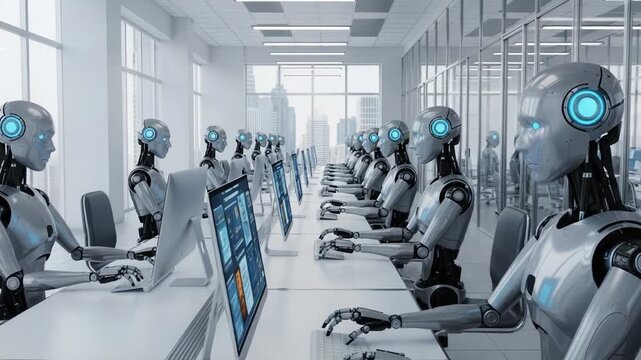 Robots working in modern office setting futuristic concept future technology.