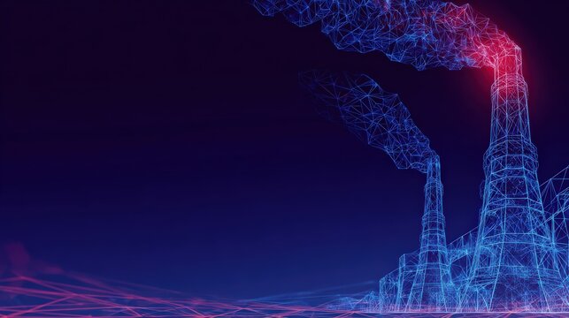 Digital blueprint of factories belching pollution into the atmosphere, a stark visualization of industry's environmental impact. ..Created with Generative AI, not depicting real subjects.