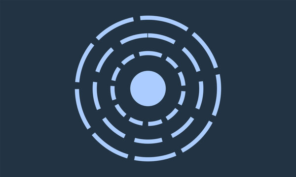 A minimalist graphic design featuring light blue concentric dashed circles on a dark background
