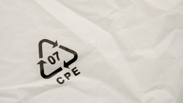 Recycle symbol 07 CPE on white plastic bag, environmental conservation and plastic waste concept