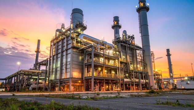 Industrial facility towers at sunset with pipes