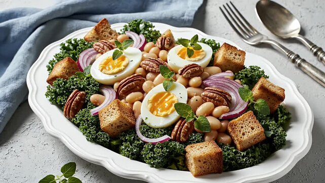 Healthy salad plate with eggs, beans, pecans, kale, and croutons