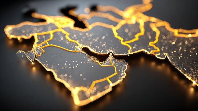 Glowing Map of Middle East with Illuminated Borders and Cities.