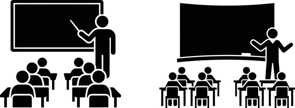 A comparative icon set showing a teacher presenting in a traditional classroom and a lecture hall