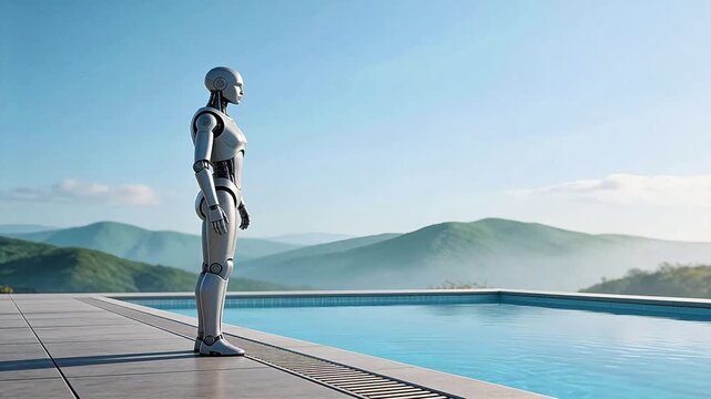 Robot by pool overlooking mountains