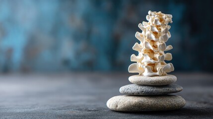 Obraz premium Human Spine Model Balanced on Stacked Smooth Stones.