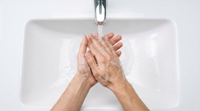 Overhead view of hands being washed with running water and soap in a white sink, emphasizing hygiene and cleanliness