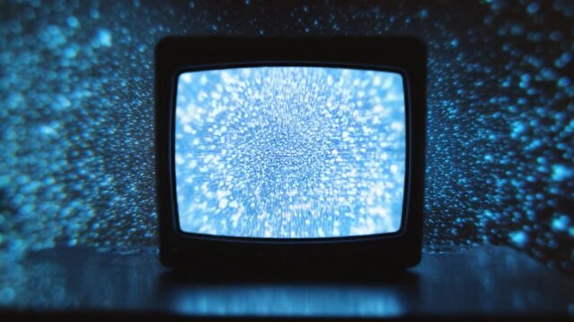 Retro tv screen with blue light particles moving and expanding, vintage technology display showing abstract digital data flow and glitch effect