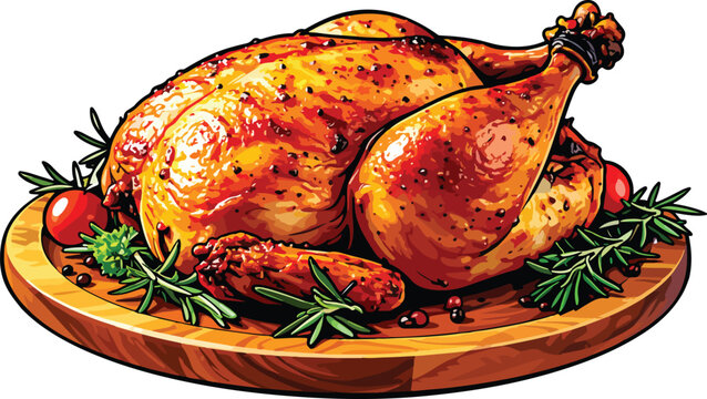Roasted chicken with herbs and spices vector illustration