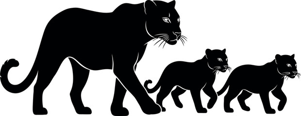 Silhouette of a large cat and two smaller cats walking together in a line © MOKTAR