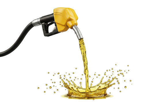 A yellow gas pump nozzle pouring fuel isolated on transparent background