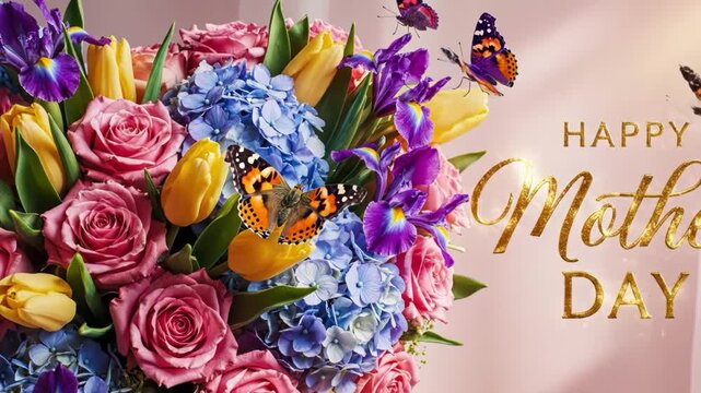 Happy mothers day bouquet of flowers with butterflies and gold text