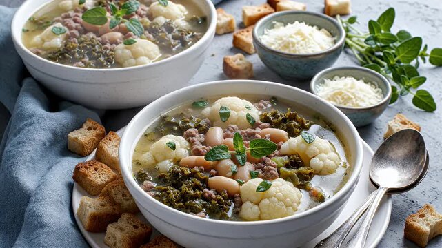 Hearty meat and vegetable soup with croutons and grated cheese