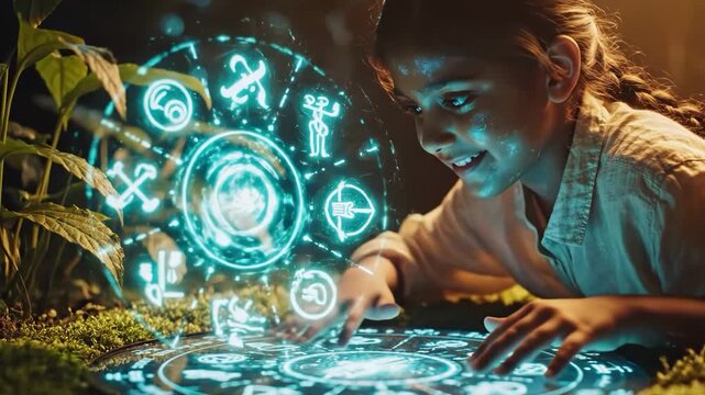 Young girl exploring glowing blue symbols on the ground in a magical forest setting