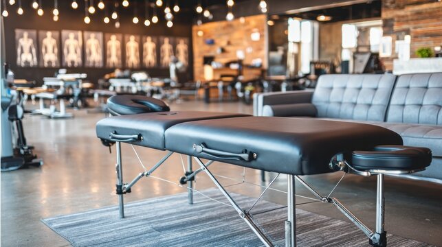 Modern Massage Therapy Room with Massage Table and Waiting Area.