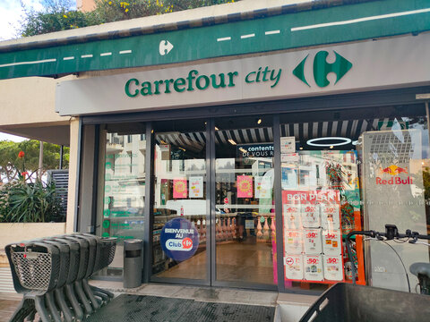 Antibes, France - March 10, 2026: Carrefour Market storefront at Antibes, France