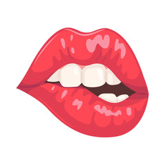 Obraz premium Lustrous Red Lips Biting Lower Lip Cartoon Vector Illustration Isolated on White Background