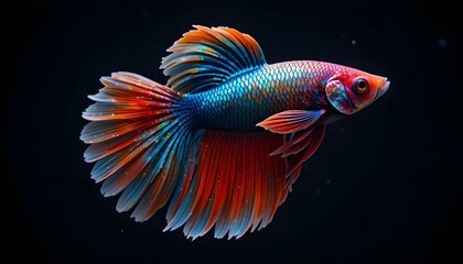 Fototapeta premium Colorful betta fish with flowing fins, dark background, sharp detail