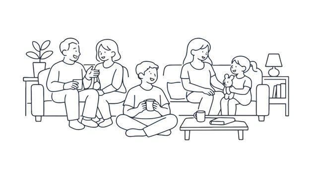Family sitting on a couch in a modern living room illustration
