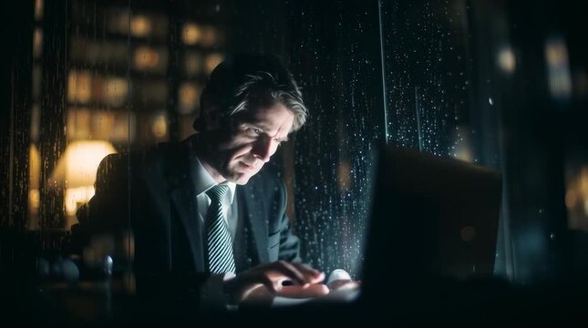 Lawyer reviewing case files late night, dim office lighting, laptop screen focused face, rain hitting window outside, cinematic moody atmosphere, realistic office textures, UHD 4K legal concept