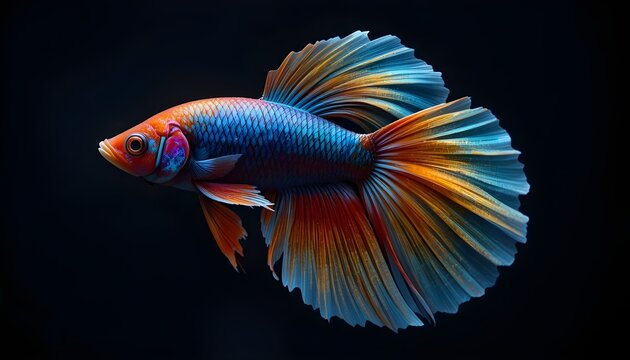 Colorful betta fish with flowing fins, dark background, sharp detail