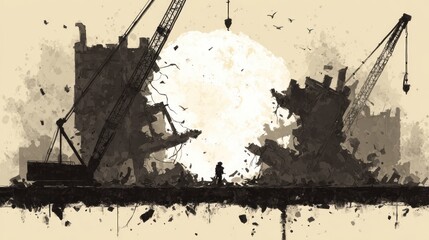 Obraz premium Silhouette of a lone figure amidst industrial demolition and destruction.