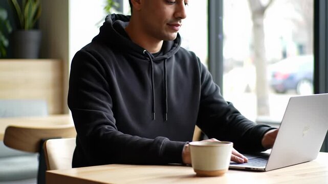 Diverse, gender ambiguous person in black hoodie typing laptop in sun-drenched urban cafe, cinematic close-up on fabric texture, soft bokeh background. Modern simplicity concept