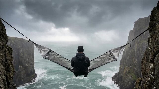 A person sits on a hammock that is stretched between two cliffs overlooking a turbulent ocean. The sky is overcast, and the scene highlights natural cliffs and ocean waves