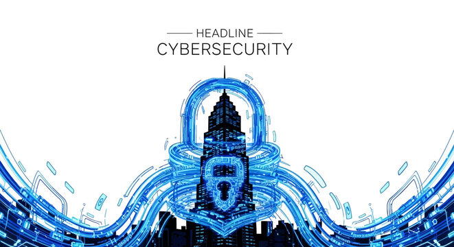 A cybersecurity-themed illustration of a lock surrounded by blue waves and cityscape silhouette on a white background with a headline reading 'Headline Cybersecurity'.