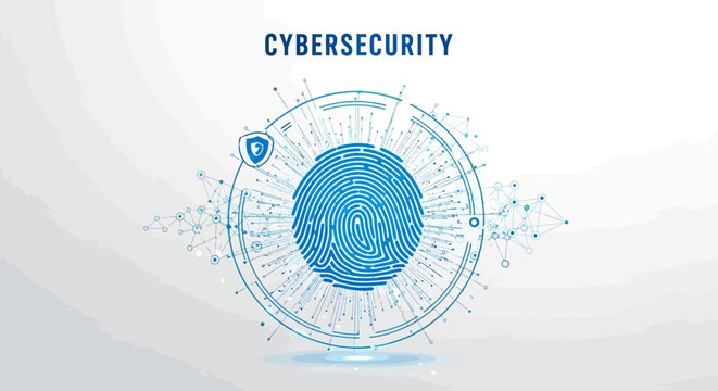 A blue illustration of a cybersecurity concept with a central circle and surrounding network lines against a light gray background with the word 'CYBERSECURITY' above.